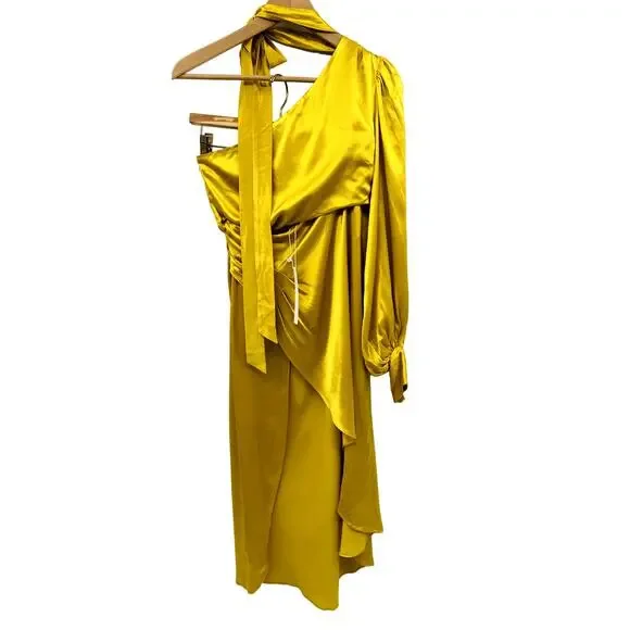 For Love & Lemons Mila Yellow Satin One Shoulder dress NWT